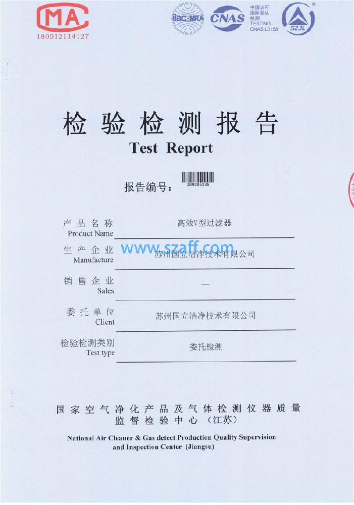 高效V型過(guò)濾器檢測報告